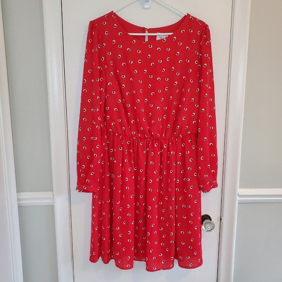 NEW Kit and Sky Size Large Red Casual Dress Small Flowers Long Sleeve - Picture 1 of 3